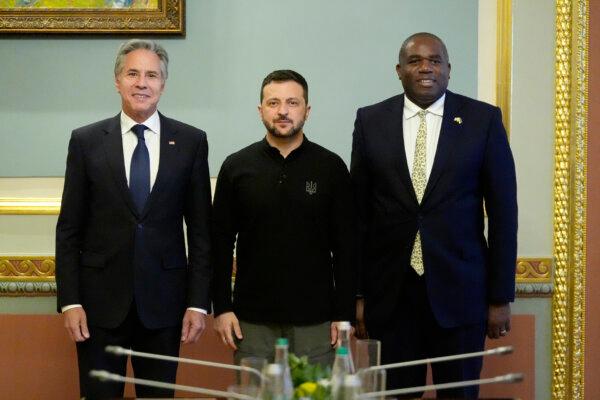 U.S. Secretary of State Antony Blinken (L) and Britain's Foreign Secretary David Lammy (R) meet with Ukraine's President Volodymyr Zelenskyy at the Mariinsky Palace in Kyiv, Ukraine, on Sept. 11, 2024. (Mark Schiefelbein/Pool via AP Photo)