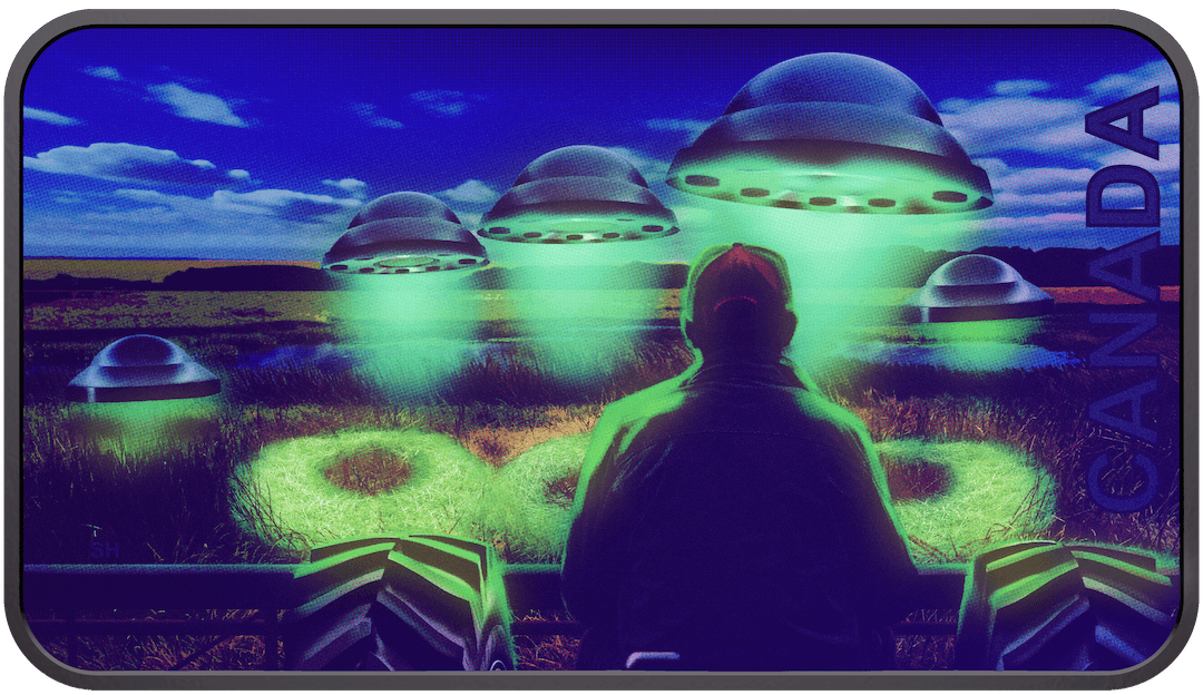 A blacklight view of the collectible silver coin depicting the famous Langenburg UFO sighting in 1974. (Coin image©2012 Royal Canadian Mint – All Rights Reserved)