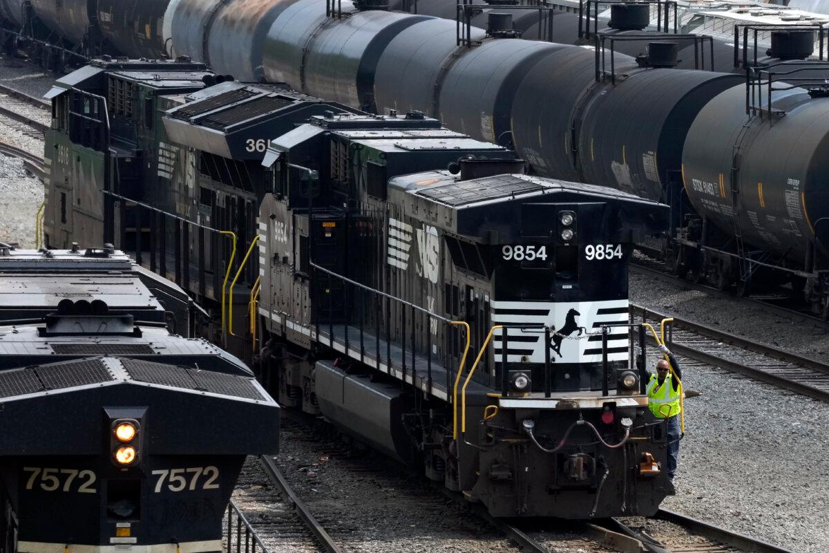 Norfolk Southern locomotives are moved through the Conway Terminal in Conway, Pa., on June 17, 2023. (Gene J. Puskar/AP Photo)