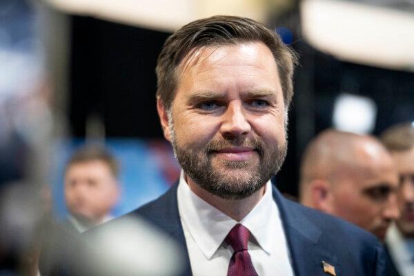 Republican vice president nominee Sen. JD Vance (R-Ohio) speaks to reporters at the Pennsylvania Convention Center in Philadelphia, Pa., on Sept. 10, 2024. (Madalina Vasiliu/The Epoch Times)