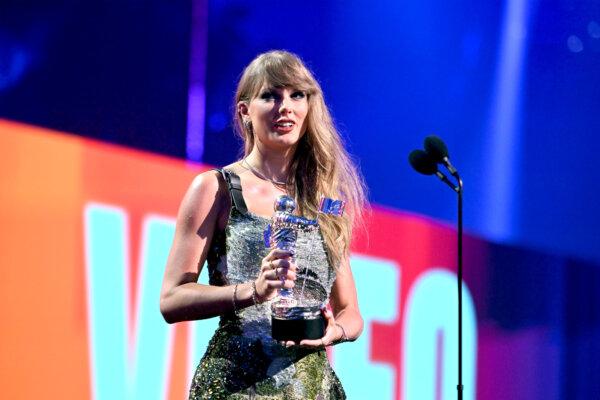 Taylor Swift accepts the Video of the Year award for "Fortnight" on stage during the 2024 MTV Video Music Awards at UBS Arena in Elmont, N.Y., on Sept. 11, 2024. (Noam Galai/Getty Images for MTV)