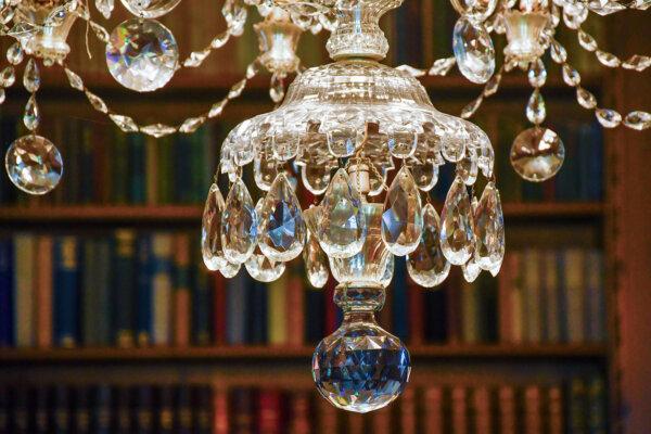 A custom-made chandelier dangles in the library of the Bellosguardo Estate in Santa Barbara. (Christopher Reynolds/Los Angeles Times/TNS)