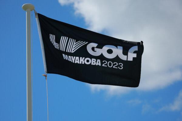 A flag with the LIV Golf logo is seen prior day three of the LIV Golf Invitational-Mayakoba at El Camaleon at Mayakoba in Playa del Carmen, Mexico on Feb. 26, 2023. (Hector Vivas/Getty Images)
