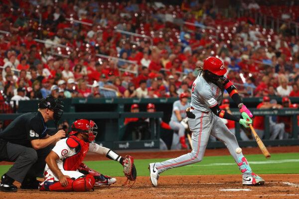 Elly De La Cruz #44 of the Cincinnati Reds strikes out against the St. Louis Cardinals in the eighth inning at Busch Stadium in St Louis, Mo., on Sept. 11, 2024. (Dilip Vishwanat/Getty Images)