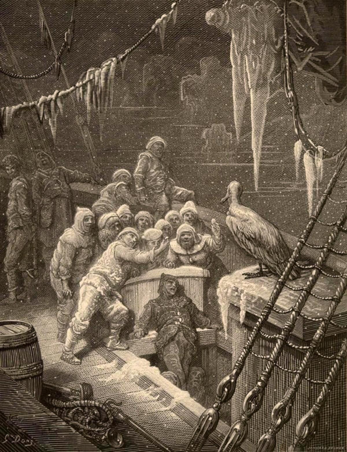 “The Albatross,” 1876, by Gustave Dore. Engraving for the 1876 edition of the poem depicts 17 sailors on the deck of a wooden ship facing an albatross. Icicles hang from the rigging. (Public Domain)