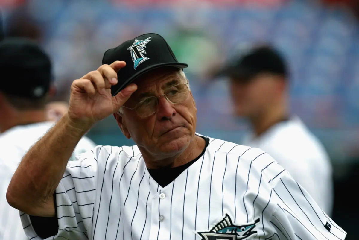 Manager Jack McKeon of the Florida Marlins tips his hat after a 3-2 win against the Tampa Bay Devil Rays after the Interleague MLB game at Pro Player Stadium in Miami, Fla., on June 22, 2003. (Eliot J. Schechter/Getty Images)