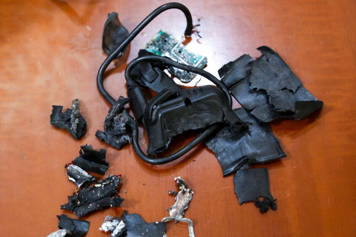 The remains of exploded pagers on display at an undisclosed location in Beirut's southern suburbs, Lebanon, on Sept. 18, 2024. (AFP via Getty Images)