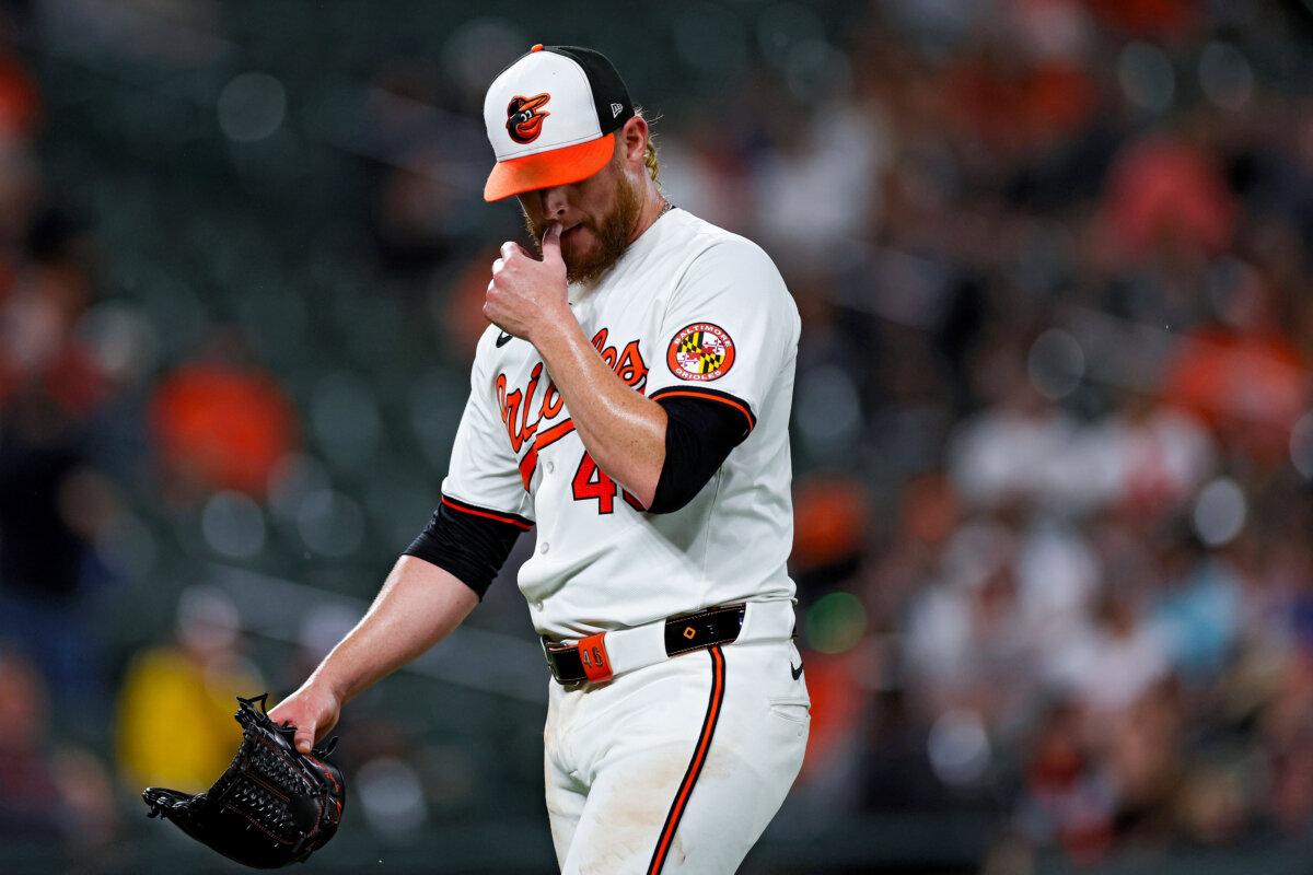 Orioles pitcher Craig Kimbrel reacts after being relieved in the ninth inning against the San Francisco Giants at Oriole Park at Camden Yards in Baltimore on Sept. 17, 2024. (Patrick Smith/Getty Images)