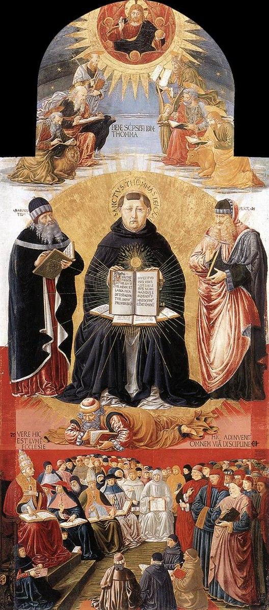 "Triumph of St. Thomas Aquinas," 1471, by Benozzo Gozzoli. Tempera on panel; 90 1/2 inches by 40 1/8 inches. Louvre, Paris. The painting shows Aquinas between Plato and Aristotle. (Public Domain)