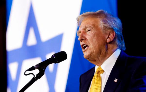 Republican presidential nominee former U.S. President Donald Trump delivers remarks at the Israeli American Council National Summit at the Washington Hilton in Washington on Sept. 19, 2024. (Kevin Dietsch/Getty Images)