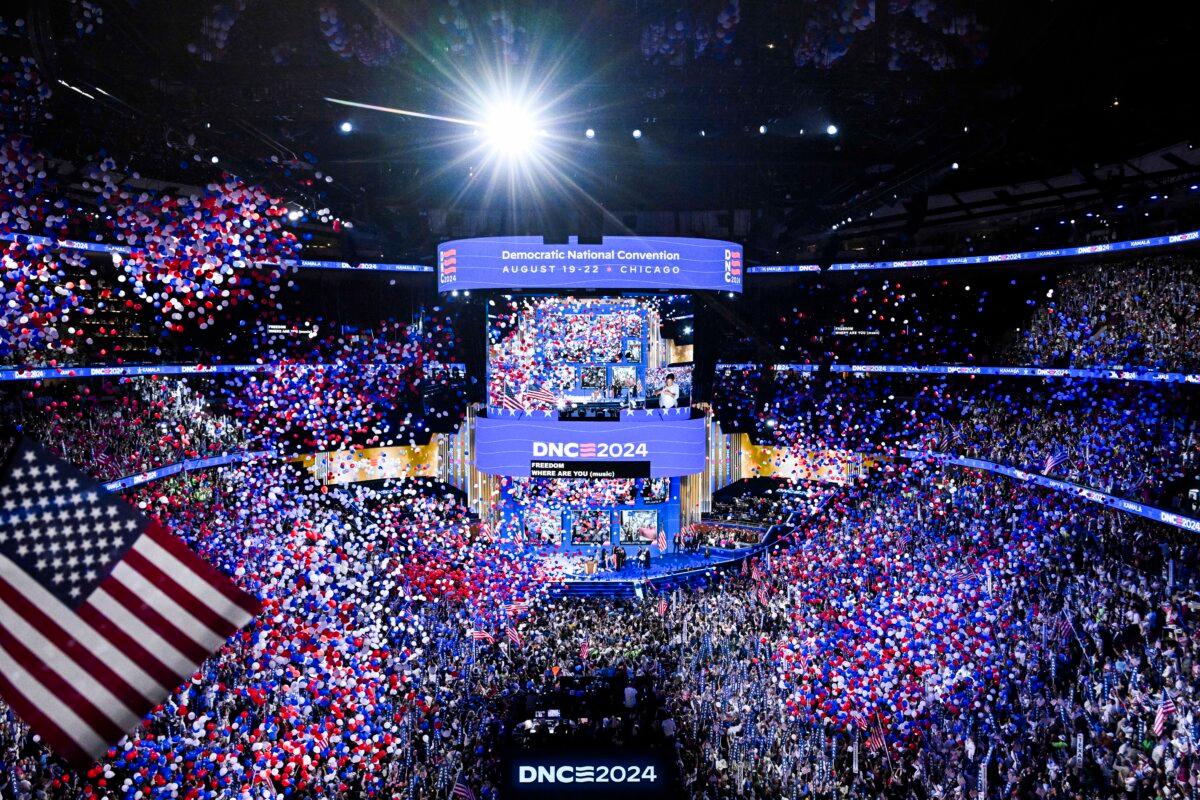 Balloons fall as Vice President and Democratic presidential candidate Kamala Harris concludes her remarks at the end of the fourth and last day of the Democratic National Convention at the United Center in Chicago on Aug. 22, 2024. (Mandel Ngan/AFP via Getty Images)