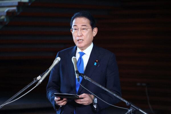 Japan's then-prime minister Fumio Kishida speaks to the media - after a telephone conversation with International Atomic Energy Agency Director-General Rafael Grossi - in Tokyo, Japan, on Sept. 20, 2024. (STR/JIJI Press/AFP via Getty Images)