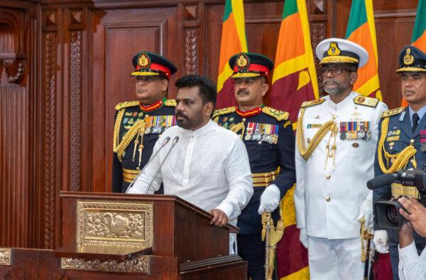 Commanders of the security forces stand behind Anura Kumara Dissanayake as he addresses a gathering after he was sworn in as the new president in Colombo, Sri Lanka, on Sept. 23, 2024. (Sri Lankan President's Office/AP)