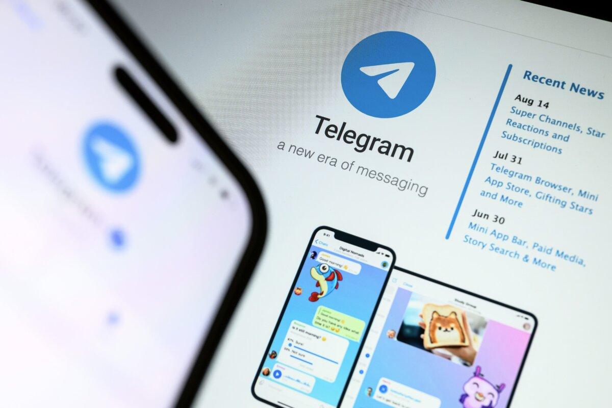 In this photo illustration, the Telegram logo is displayed on screens in London on Aug. 26, 2024. (Leon Neal/Getty Images)