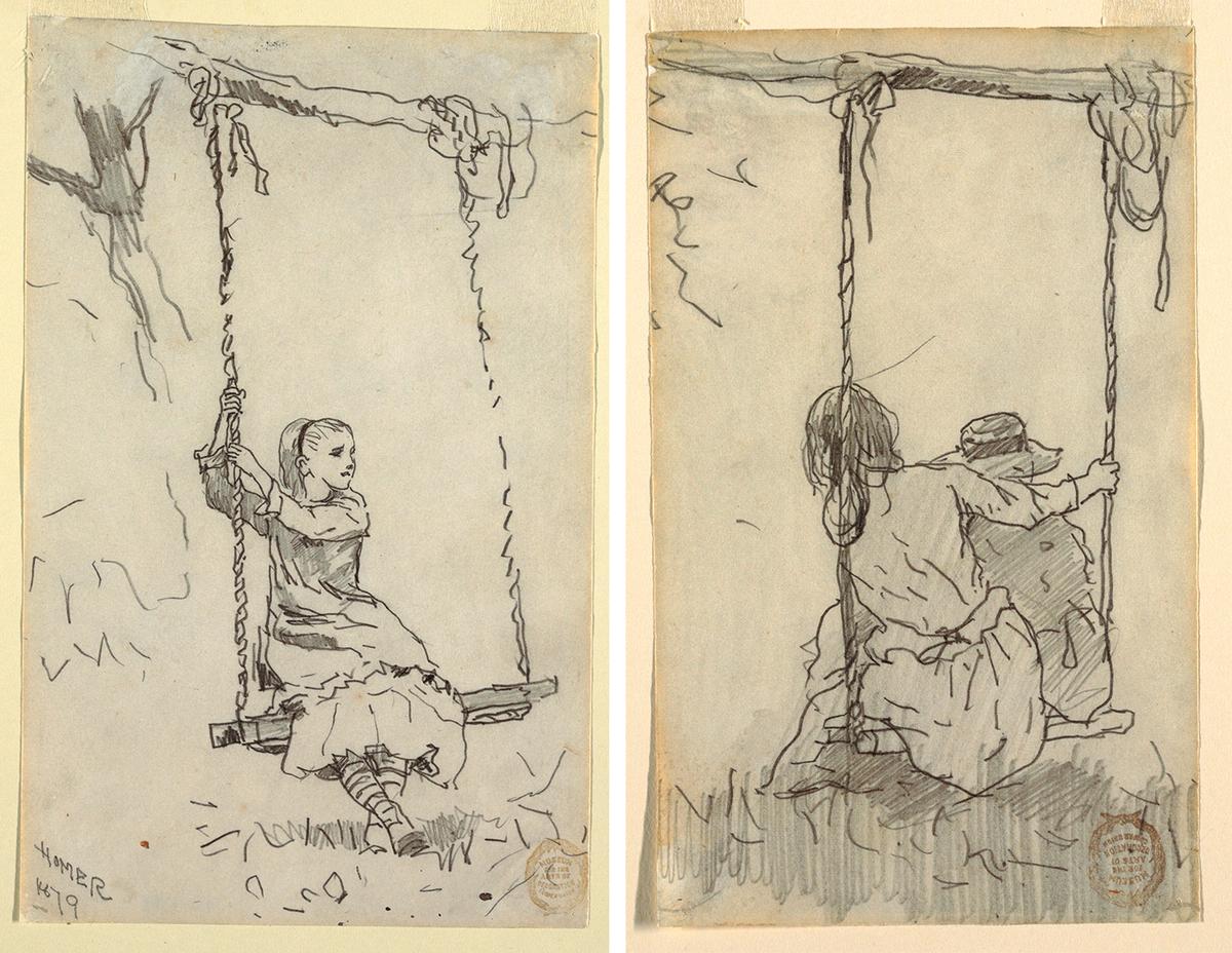 "Girl on a Swing" (L) and "Two Girls in a Swing" (R), 1879, by Winslow Homer. Cooper Hewitt, Smithsonian Design Museum, New York City. (Public Domain)