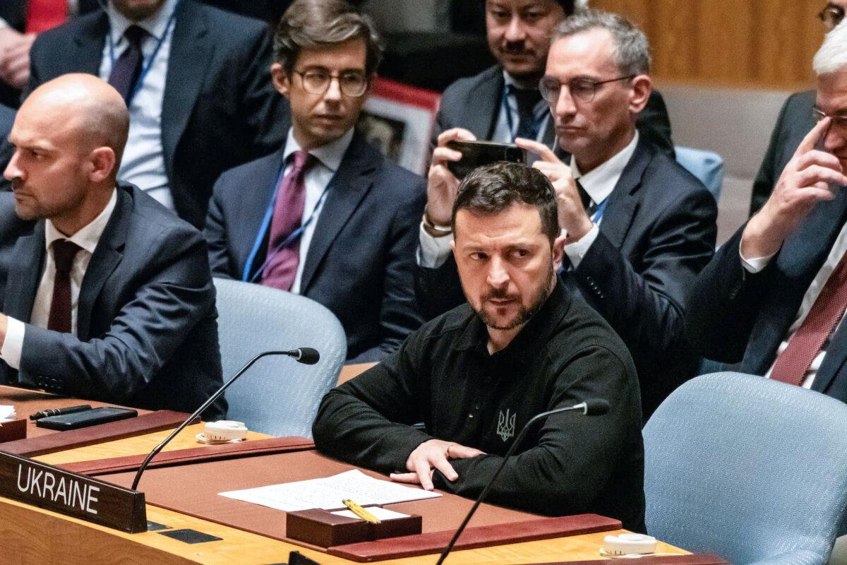 Ukrainian President Volodymyr Zelenskyy arrives at a meeting of the United Nations Security Council at the U.N. headquarters in New York City on Sept. 24, 2024. (Stephanie Keith/Getty Images)