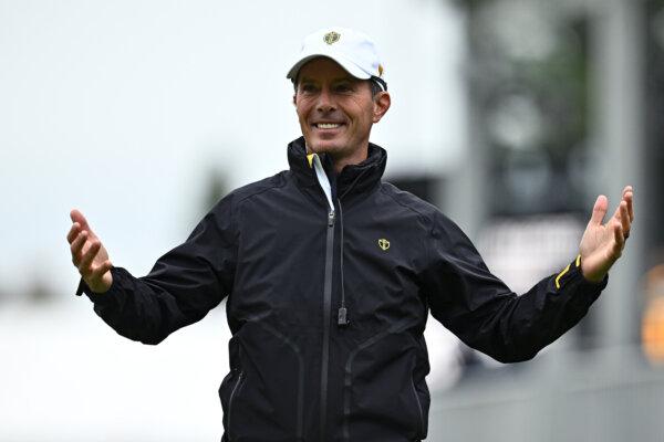 International Team Captain Mike Weir reacts during a practice round ahead of the 2024 Presidents Cup at Royal Montreal Golf Club in Quebec, Canada on Sept. 25. (Minas Panagiotakis/Getty Images)