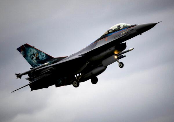 An F-16 fighter jet arrives at Volkel Air Base after a farewell tour in Volkel, Netherlands, as the Royal Netherlands Air Force retires its F-16 jets, on Sept. 27, 2024. (Koen van Weel/ANP/AFP via Getty Images)