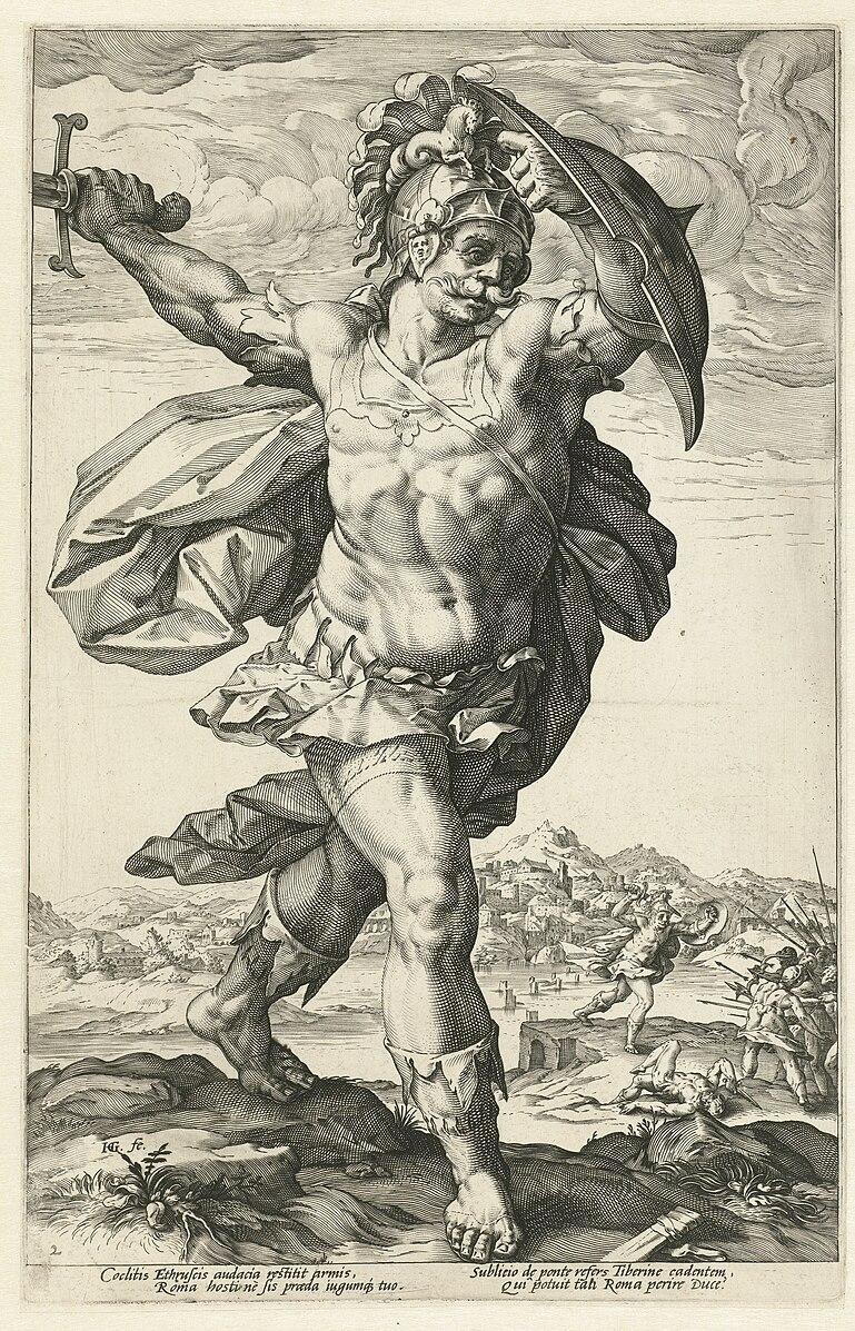 Horatius Cocles, 1586, an engraving by Hendrick Goltzius. Horatius was one of the most powerful mortal heroes in the ancient Roman legends. (Public Domain)