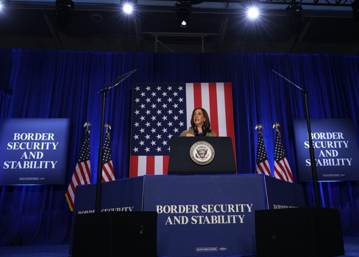 Democratic presidential nominee Vice President Kamala Harris speaks during a campaign event at Cochise College Douglas Campus in Douglas, Ariz., on Sept. 27, 2024. (Justin Sullivan/Getty Images)