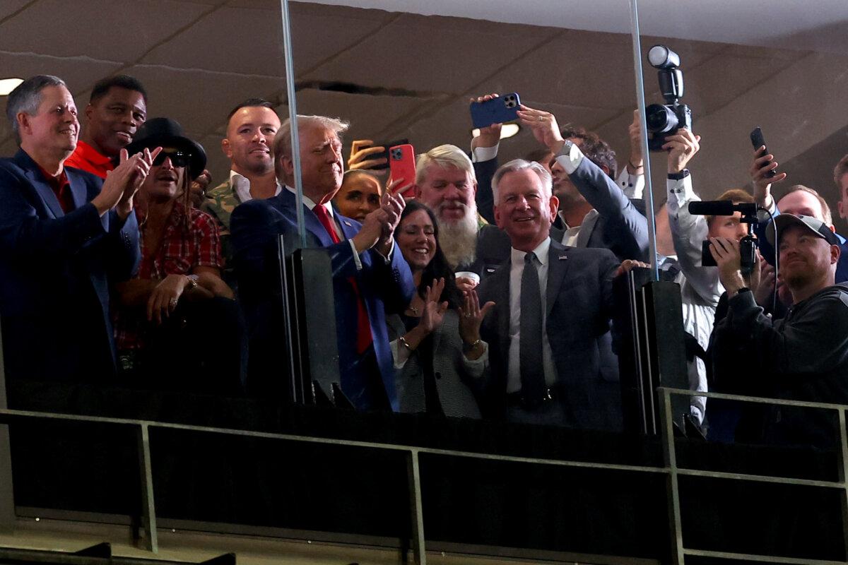 Former President Donald Trump gestures during the second quarter of the game between the Alabama Crimson Tide and the Georgia Bulldogs at Bryant-Denny Stadium in Tuscaloosa, Ala., on Sept. 28, 2024. (Kevin C. Cox/Getty Images)