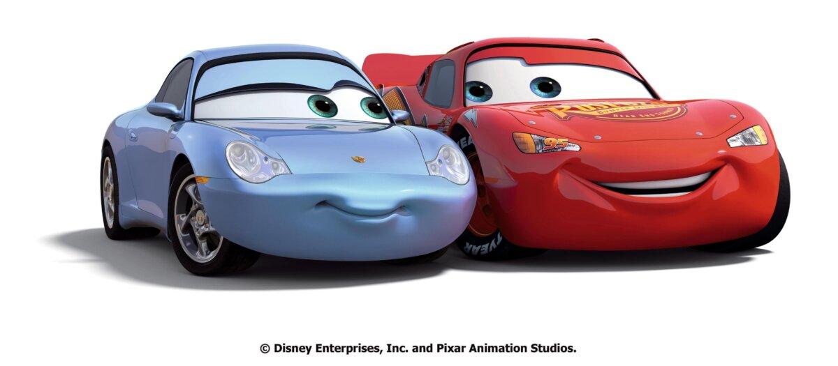 A blue Porsche (voiced by Bonnie Hunt) gives advice to Lightning McQueen (voiced by Owen Wilson), in "Cars." (MovieStillsDB)