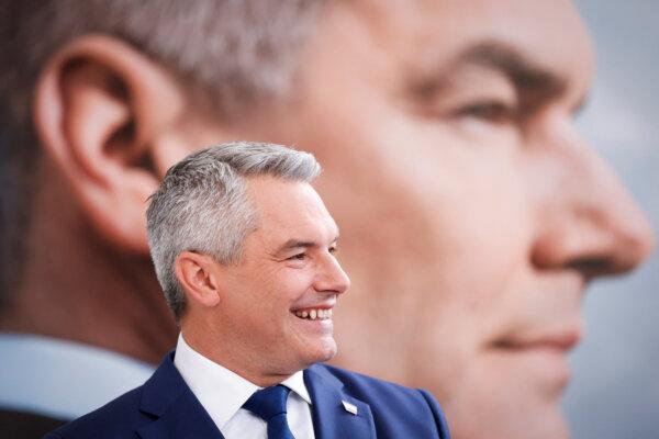 Austrian Chancellor and Head of People's Party Karl Nehammer speaks at the final rally ahead of the general election in Vienna on Sept. 27, 2024. (Reuters/Lisa Leutner)