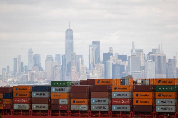 A container ship sits anchored in New York Harbor as it waits for the Port of Newark to re-open in Staten Island, New York on Oct. 2, 2024. (Spencer Platt/Getty Images)