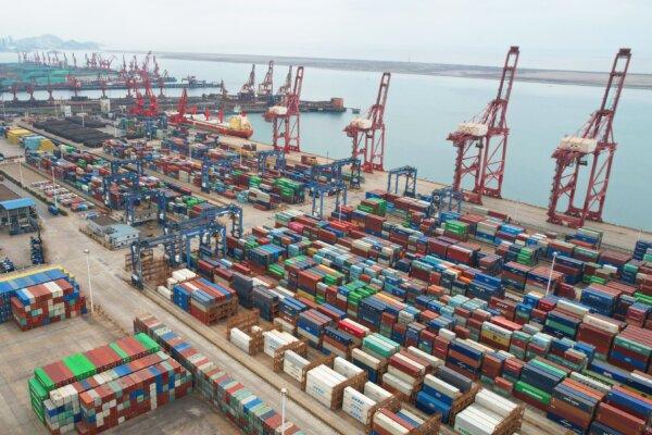 This aerial photo shows cargo containers stacked at a port in Lianyungang in China's eastern Jiangsu province on May 9, 2022. (AFP via Getty Images)