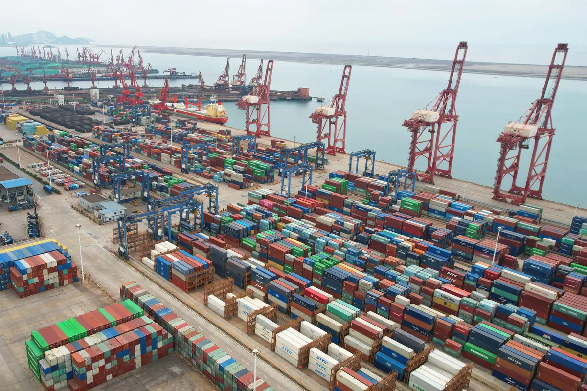 Cargo containers stacked at a port in Lianyungang in eastern Jiangsu Province, China, on May 9, 2022. (AFP via Getty Images)