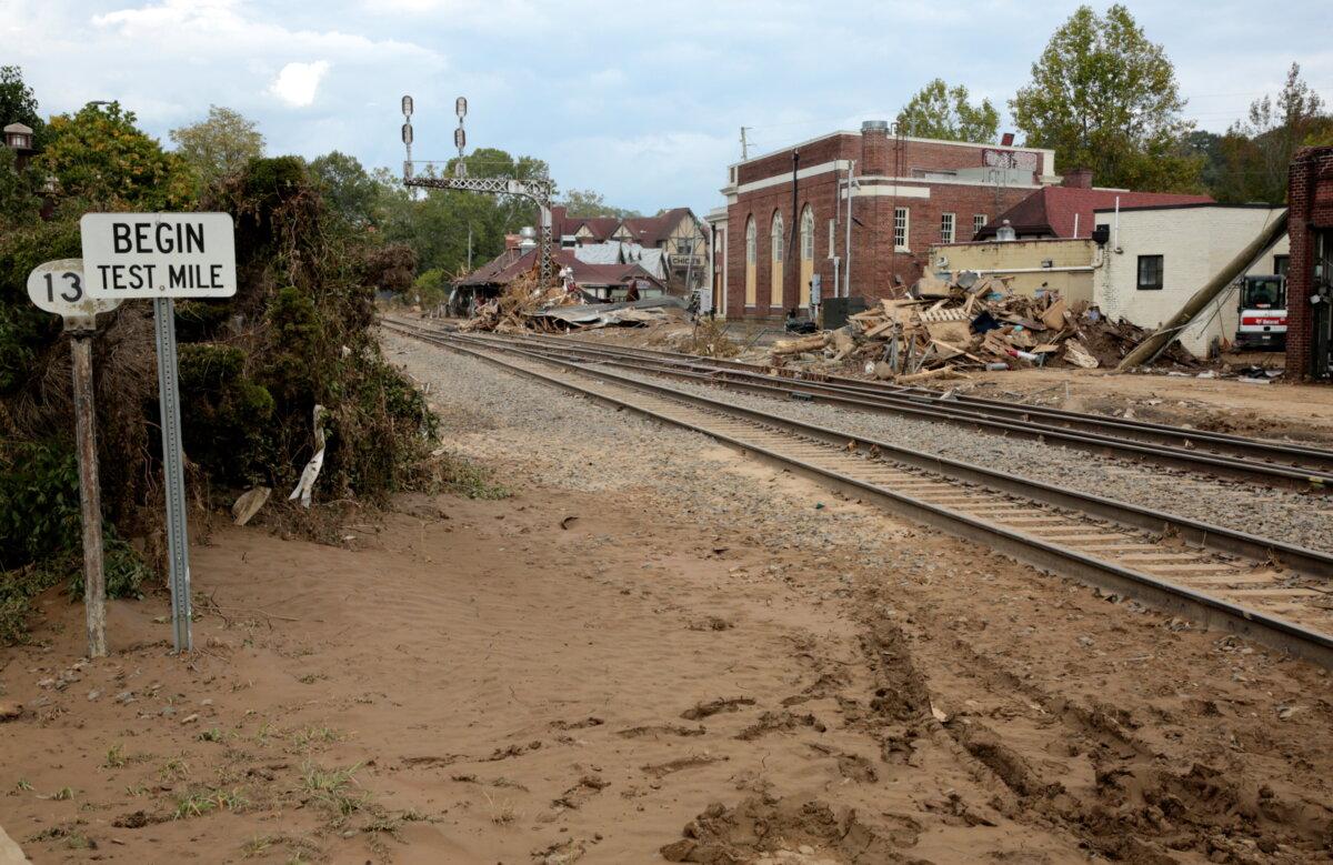 A big test indeed. Biltmore Village, Asheville, N.C., after the floodwaters surged through the town. Photo taken on Oct. 3, 2024. (Richard Moore/The Epoch Times)