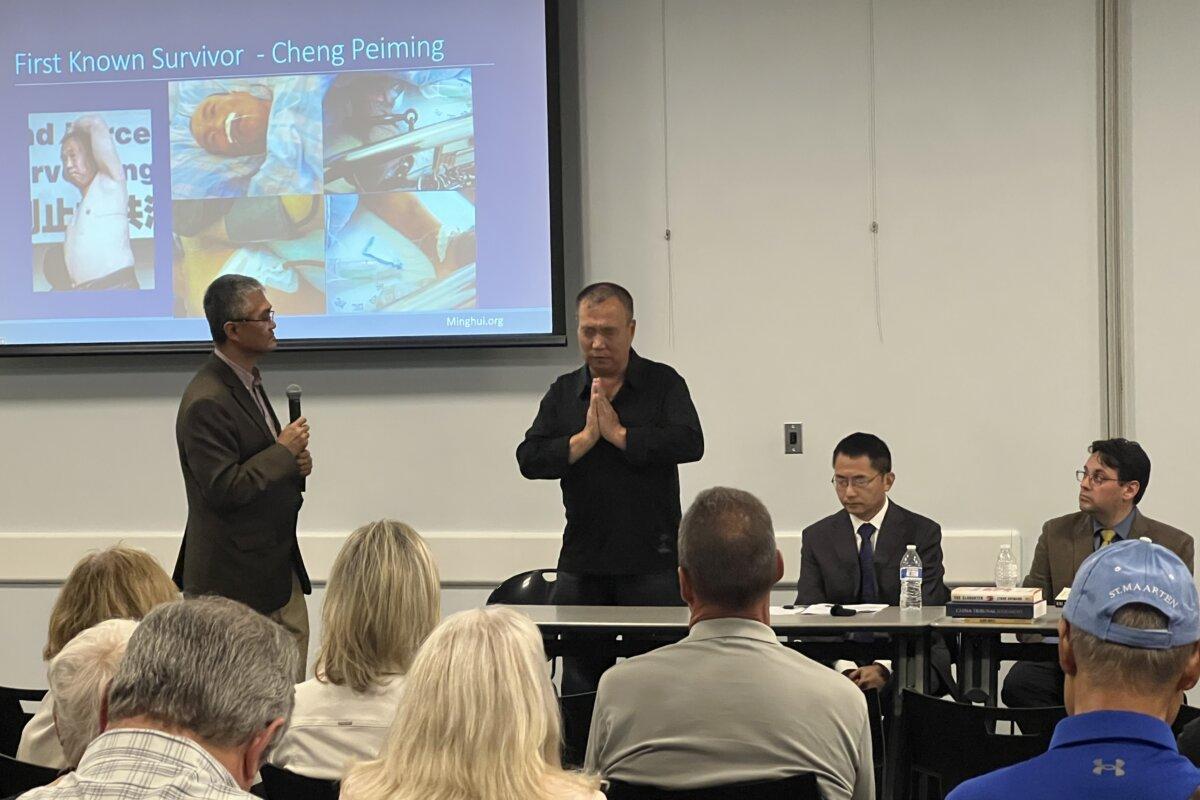 Cheng Peiming (2nd right), the first known survivor of forced organ harvesting, recounts the excruciating pain and his miraculous escape in the panel discussion after the screening of State Organs on Oct. 3, 2024. (Jennifer Yang/The Epoch Times)