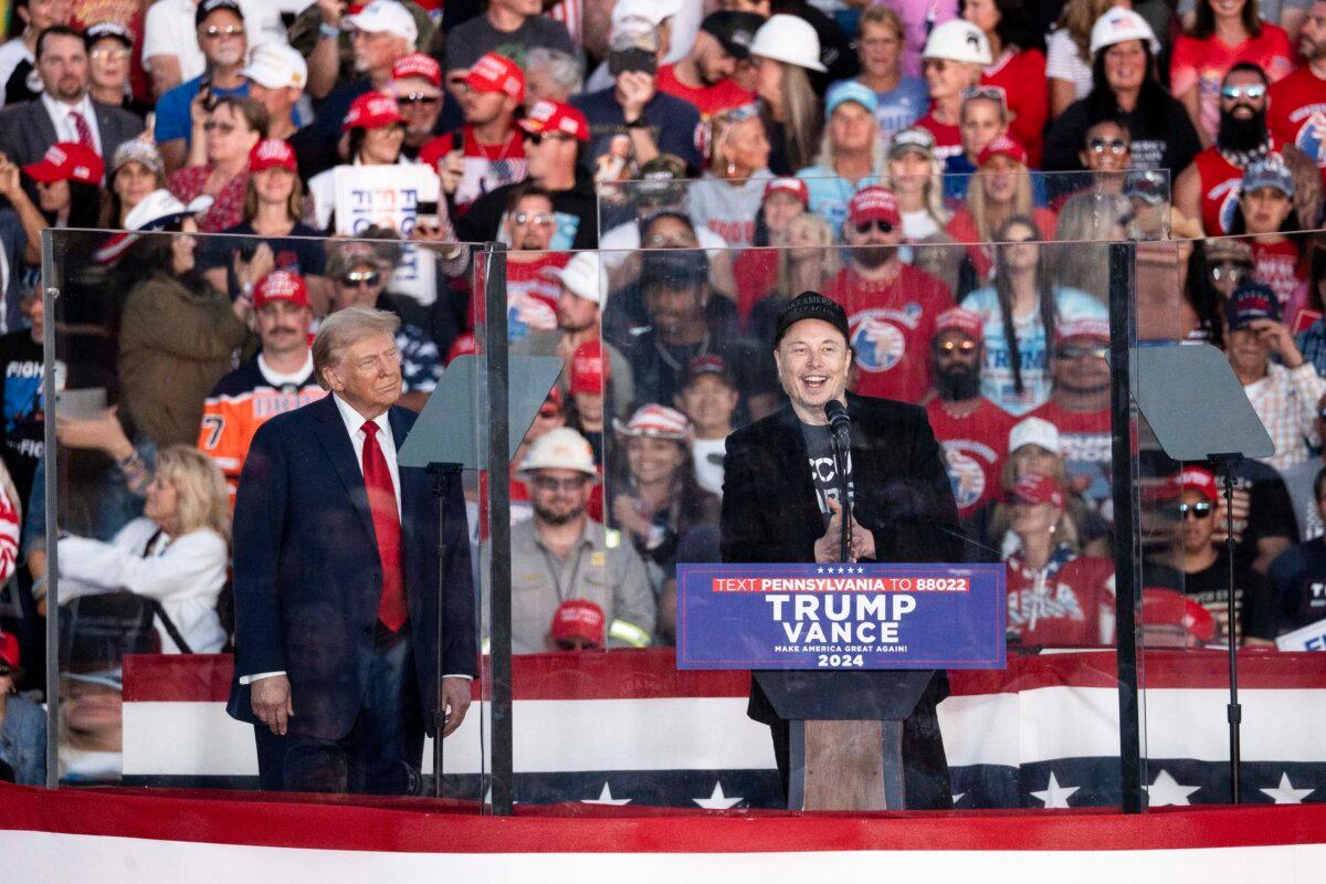Elon Musk, founder, CEO, and chief engineer of SpaceX, speaks during former President Donald Trumpâs rally in Butler, Pa., on Oct. 5, 2024. (Samira Bouaou/The Epoch Times)