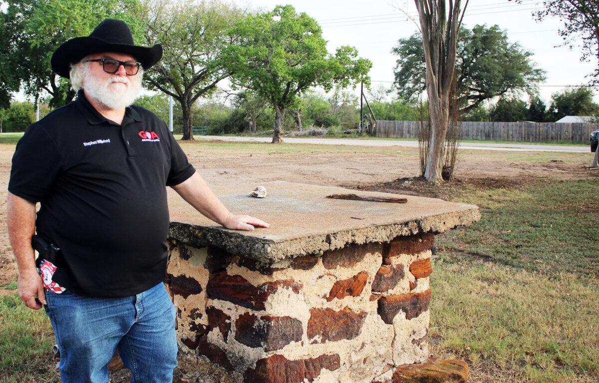 Stephen Willeford stands in front of the location of the former First Baptist Church, in Sutherland Springs, Texas, on Sept. 19, 2024. (Michael Clements/The Epoch Times)