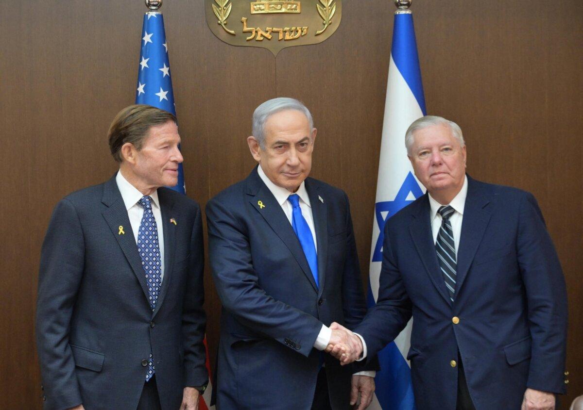 (L–R) Sen. Richard Blumenthal (D-Conn.), Israeli Prime Minister Benjamin Netanyahu, and Sen. Lindsey Graham (R-S.C.) in Israel on Oct. 7, 2024. (Courtesy of Israel Government Press Office.)