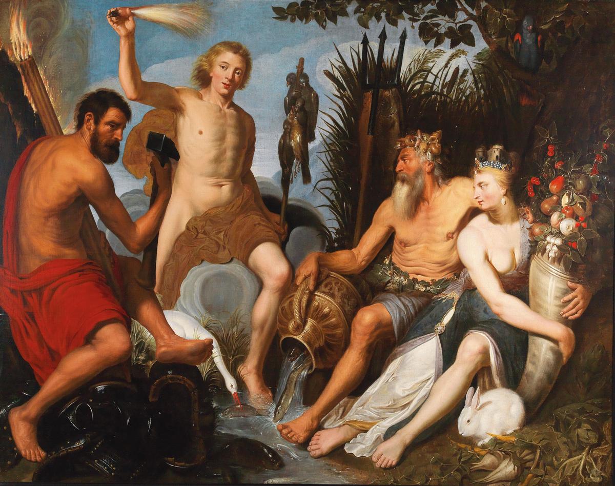 (L–R) The personification of metal, fire, water, and earth from "The Four Elements," 17th century, by Artus Wolffort. Oil on canvas. Private Collection. (Public Domain)