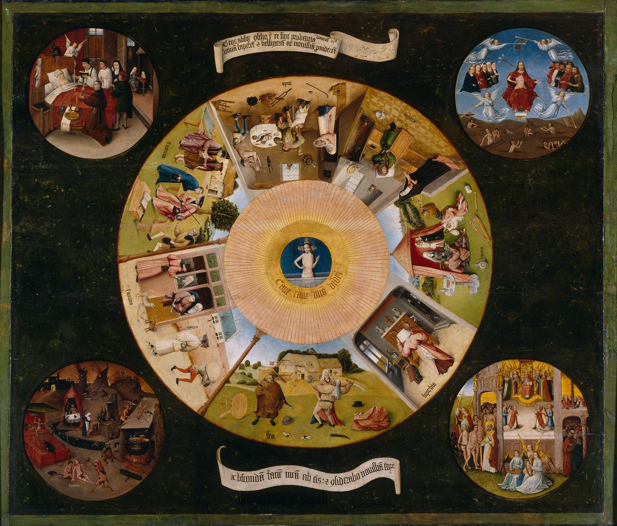 "The Seven Deadly Sins and the Four Last Things," 1505–10, by Hieronymus Bosch. The four outer circles (Death, Judgment, Heaven, and Hell) surround the seven deadly sins (clockwise from bottom): wrath, envy, greed, gluttony, sloth, lust, and pride. Prado National Museum, Madrid. (Public Domain)