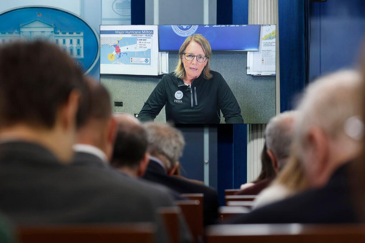 Federal Emergency Management Agency Administrator Deanne Criswell speaks via video during a briefing with White House press secretary Karine Jean-Pierre at the White House on Oct. 9, 2024. (Anna Moneymaker/Getty Images)