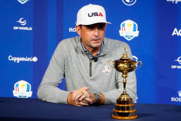 Keegan Bradley of the United States speaks at a press conference during a Ryder Cup 2024 media event at The Times Center in New York on Oct. 8. (Mike Stobe/Getty Images)
