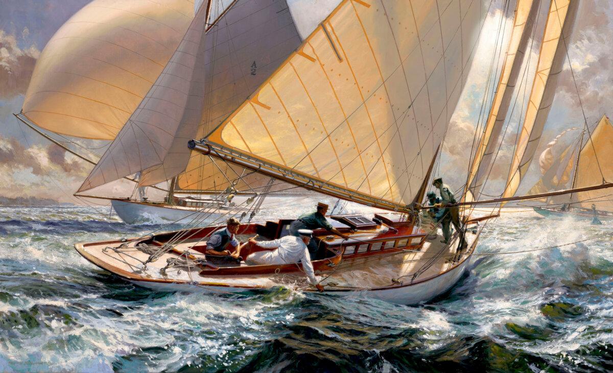 “Ready The Spinnaker! Buzzards Bay 30s, 1902,” 2024, by Russ Kramer. Oil on linen; 27 inches by 44 inches. (Courtesy of Art Renewal Center)
