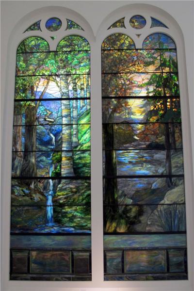 “Windows with sunrise in the forest in spring and autumn sunset,” 1905, by Louis Comfort Tiffany. (Public Domain)