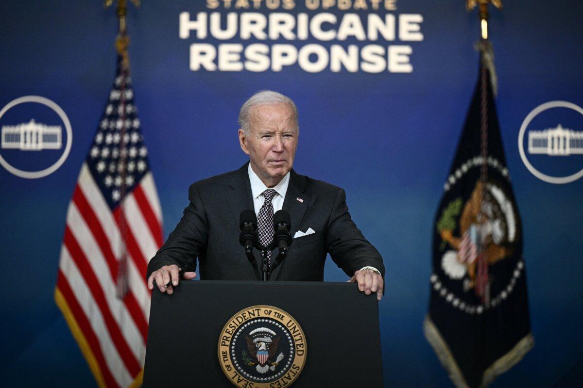 US President Joe Biden speaks about the impact of Hurricane Milton in the Eisenhower Executive Office Building in Washington, DC, on October 10, 2024. (Brendan Smialowski/AFP via Getty Images)