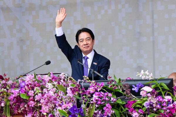 Taiwan's President Lai Ching-te delivers his address during National Day celebrations in front of the Presidential Office in Taipei on Oct. 10, 2024. (Sung Pi-lung/The Epoch Times)
