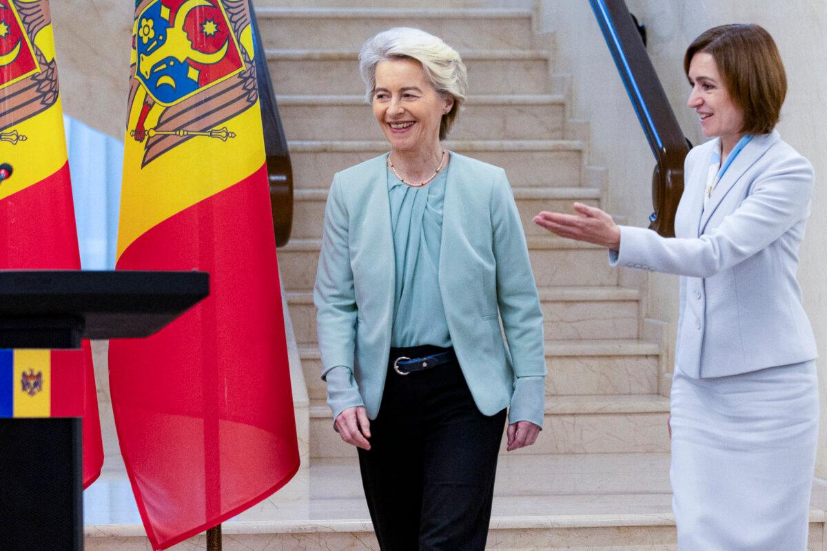 Moldovan President Maia Sandu (R) and European Commission President Ursula von der Leyen at a press conference in Chisinau, Moldova, on Oct. 10, 2024. (Elena Covalenco /AFP via Getty Images)