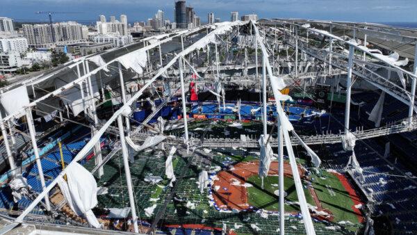 Floridians Continue Recovery, Damage Assessment After Milton 4 The roof of the Tropicana Field is damaged the morning after Hurricane Milton hit the region, in St. Petersburg, Fla., on Oct. 10, 2024. (Joe Raedle/Getty Images)