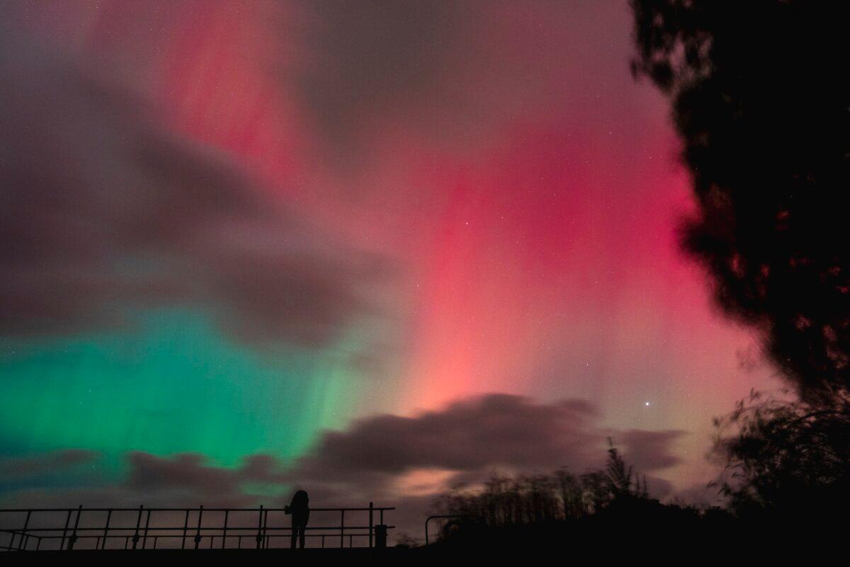 Aurora borealis, or northern lights, are seen over Haraldsted Lake near Ringsted, Denmark, on Oct. 10, 2024. (Mads Claus Rasmussen, Ritzau Scanpix/AFP via Getty Images)
