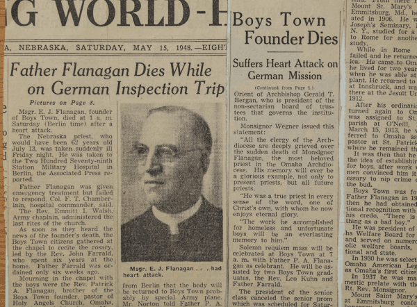 Notice of Father Flanagan's death in "Heart of a Servant: The Father Flanagan Story." (Spirit Juice Studios)