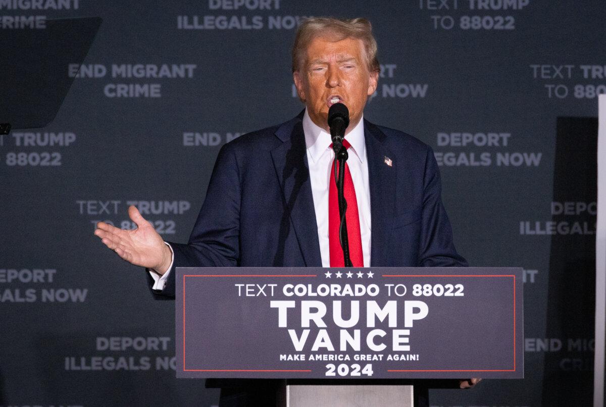 Former President Donald Trump speaks in Aurora, CO., on Oct. 11, 2024. (John Fredricks/The Epoch Times)
