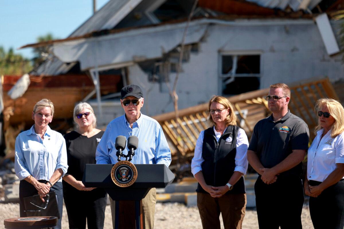 President Joe Biden speaks to the media after a tour of the damage caused by Hurricane Milton on October 13, 2024 in St Pete Beach, Florida. Biden visited the area as it deals with back-to-back hurricanes that have caused extensive damage. (Photo by Joe Raedle/Getty Images)