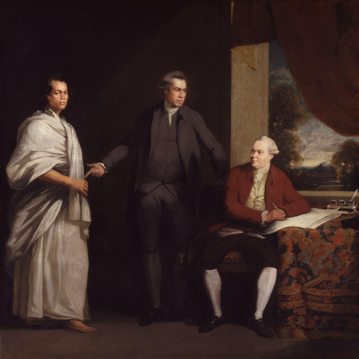(L–R) Portrait of Omai (Mai), Sir Joseph Banks, and Daniel Charles Solander, circa 1775 –1776, by William Parry. Oil on canvas; 60 inches by 60 inches. National Portrait Gallery, London. (PD-Art)